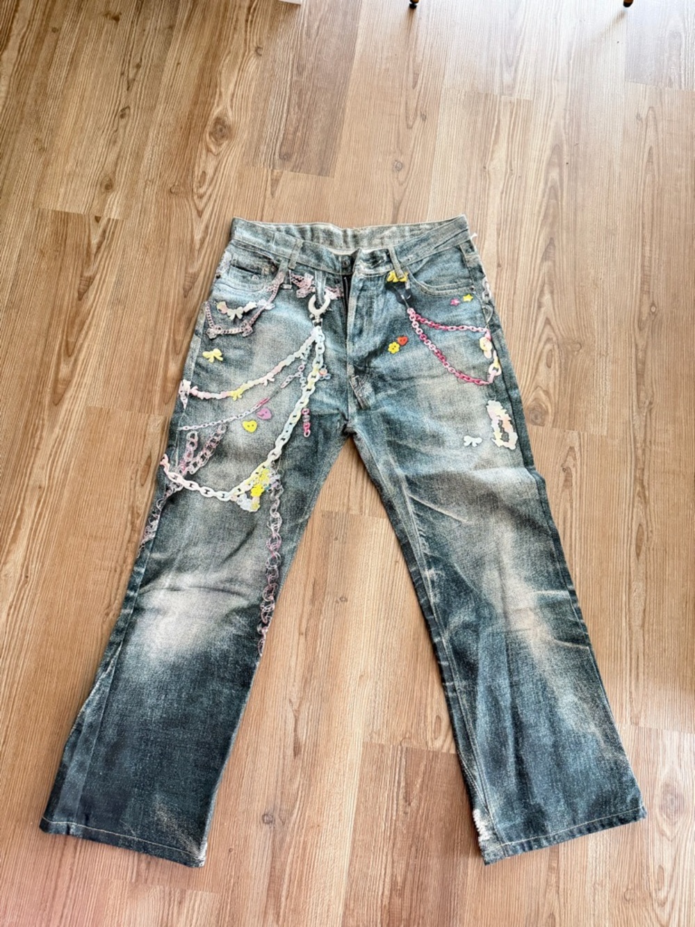 Acne Studios Embellished Blue Denim Jeans with Pastel Chain Details